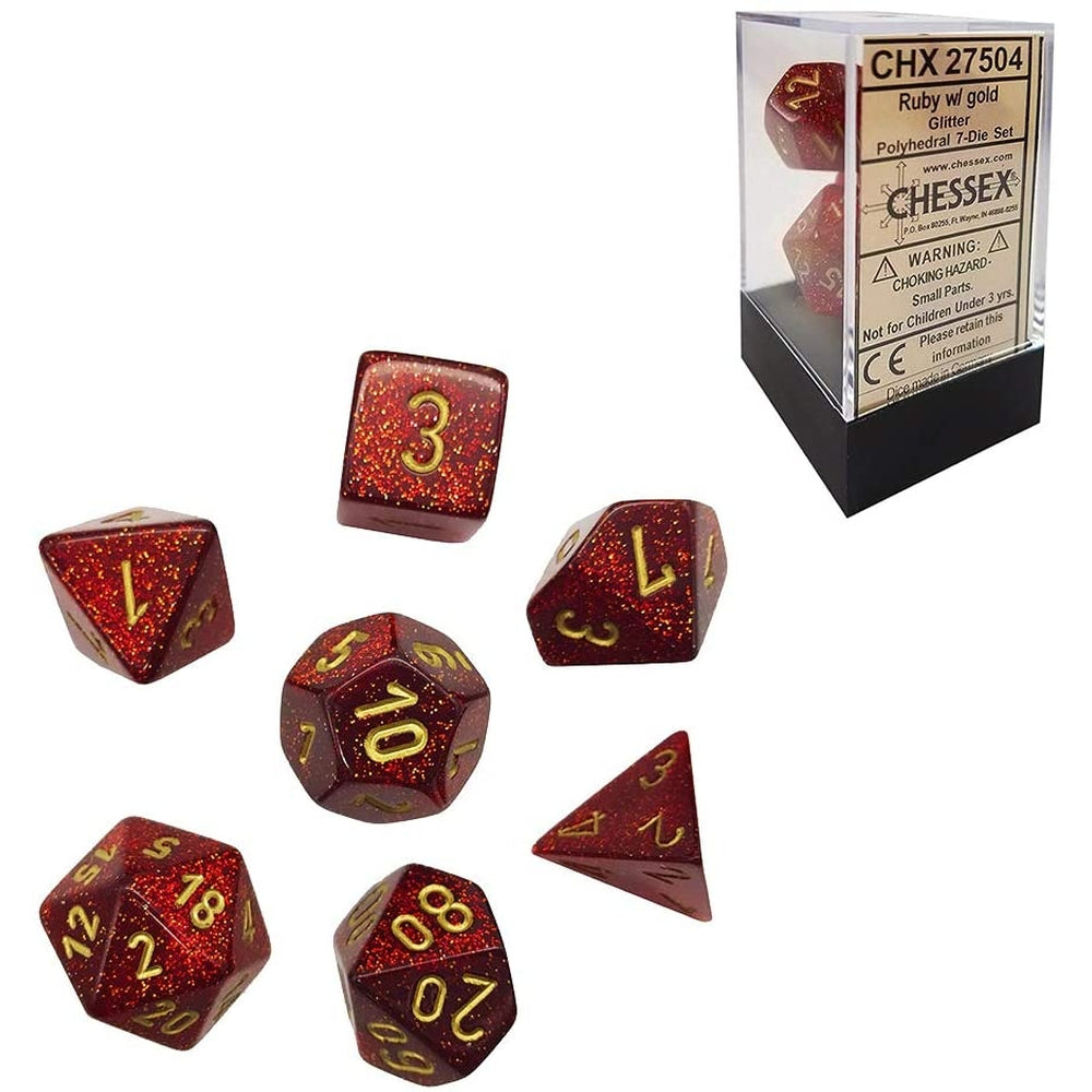 glitter rosso rubino/oro - set di 7 dadi poliedrici