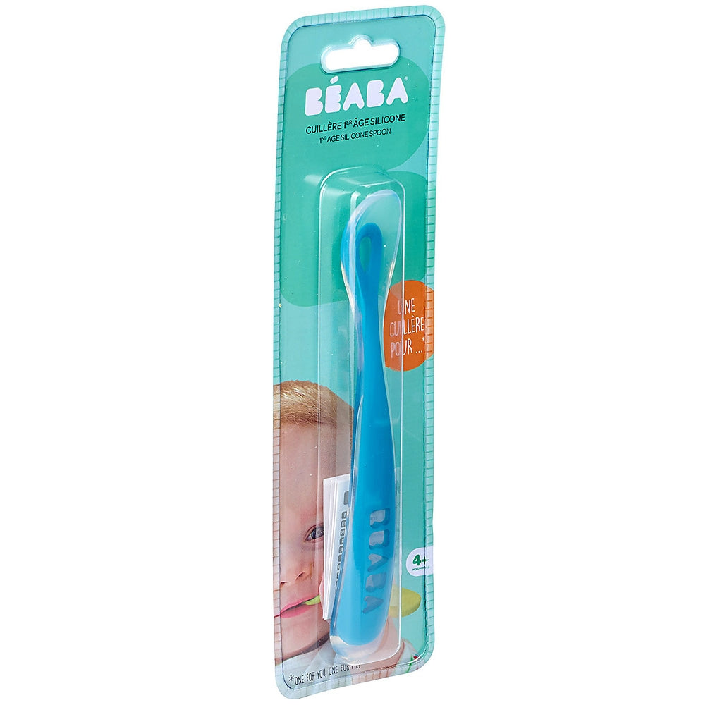 cucchiaio ergonomico prime pappe - silicone - blu - maneggevole per gli adulti e delicato per i bambini