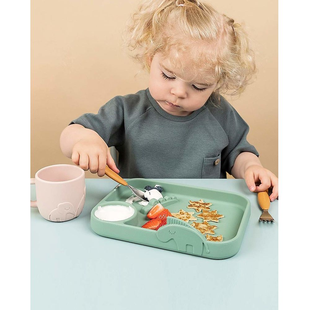 piatto a scomparti peekaboo - croco e zeebe - verde - 100% silicone alimentare