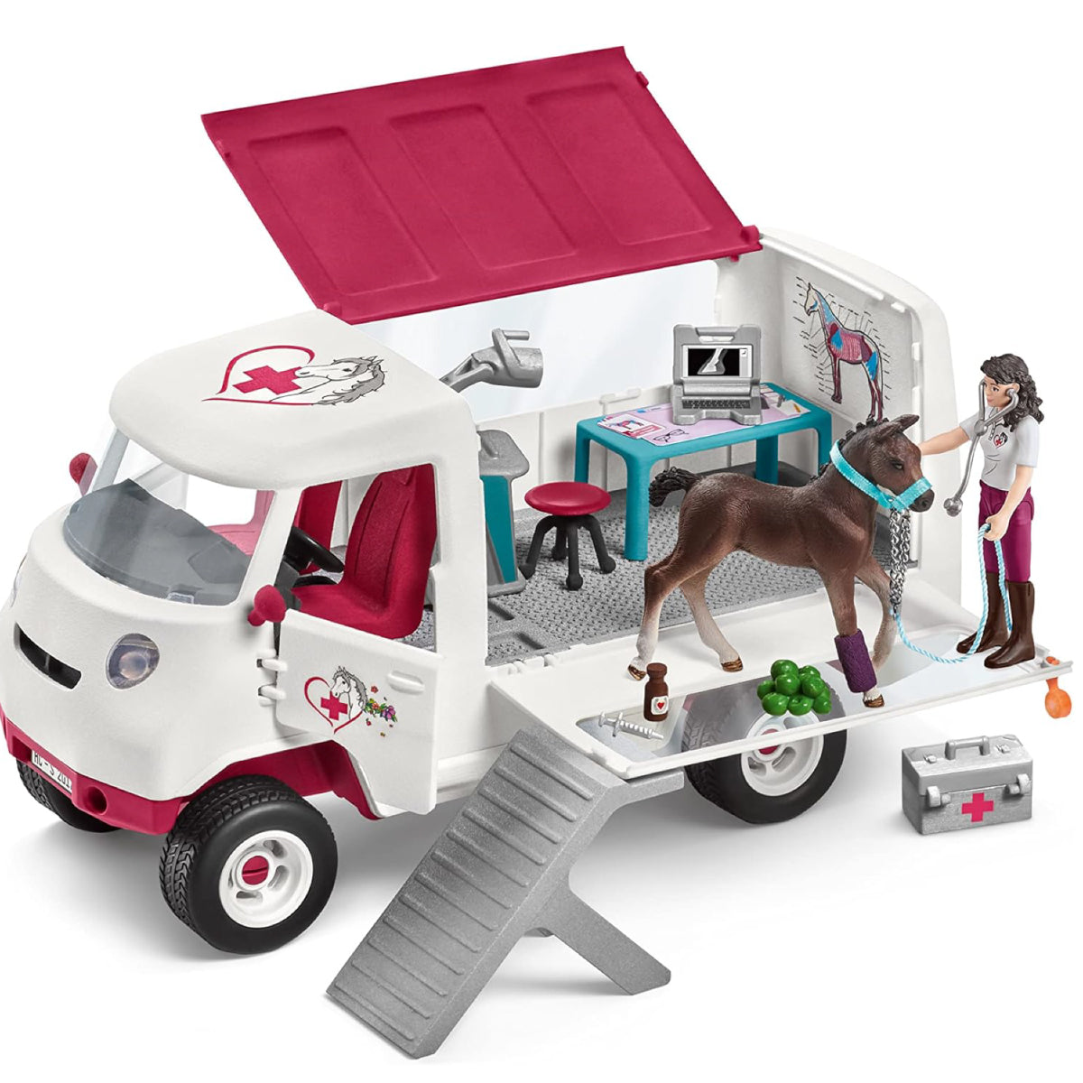 van della vetrinaria con puledro e accessori