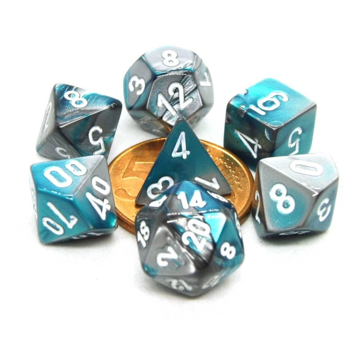mini gemini steel-teal/white- set di 7 dadi poliedrici