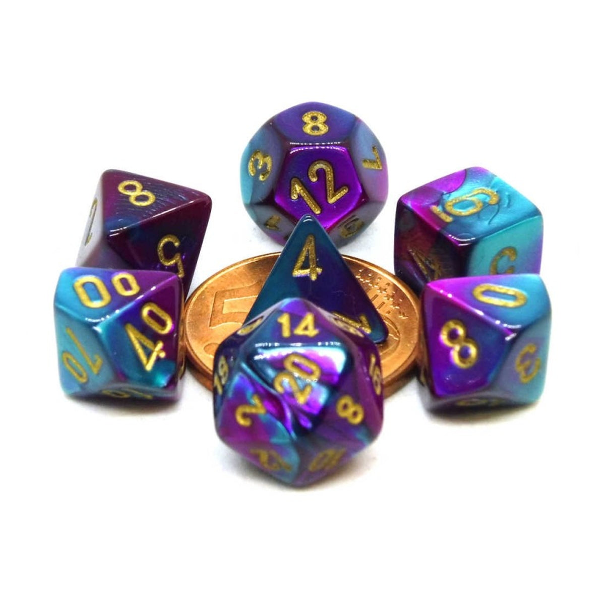 mini gemini purple-teal/gold- set di 7 dadi poliedrici