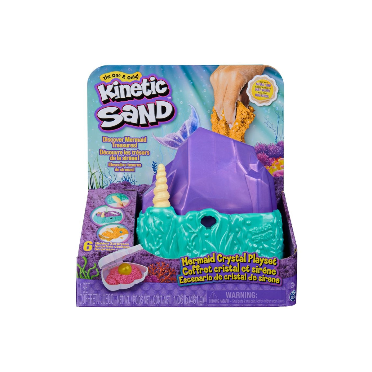 kinetic sand - cristallo della sirenetta - vaschetta con sabbia 325g e accessori