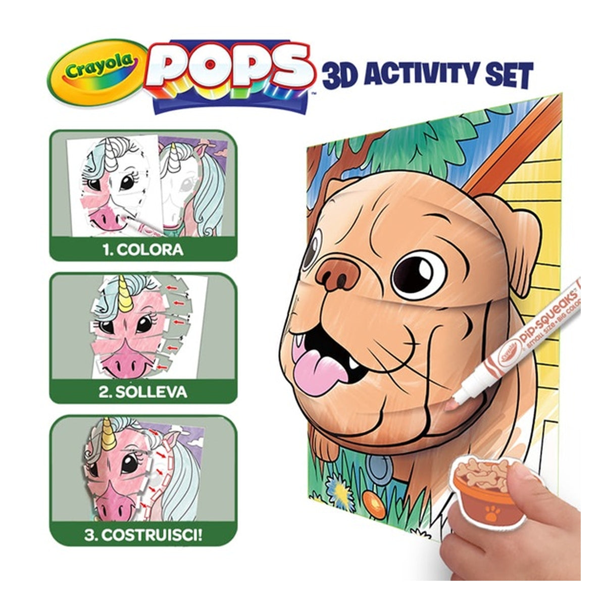 set attività pops pets - 3 disegni 3d, 7 pennarelli, 3 fogli adesivi