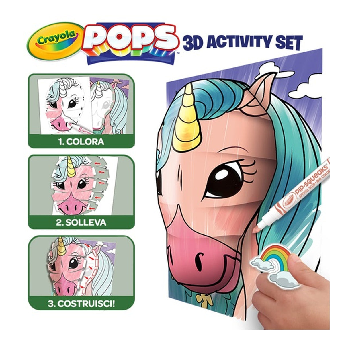 set attività pops creature mistiche - 3 disegni 3d, 7 pennarelli, 3 fogli adesivi