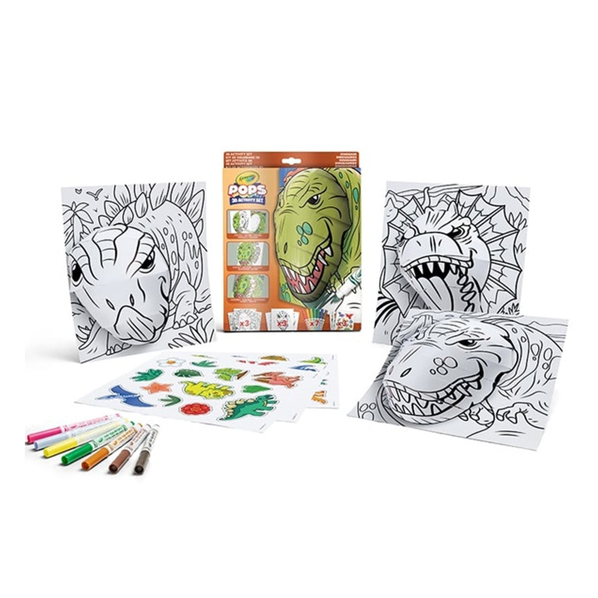 set attività pops dinosauri - 3 disegni 3d, 7 pennarelli, 3 fogli adesivi