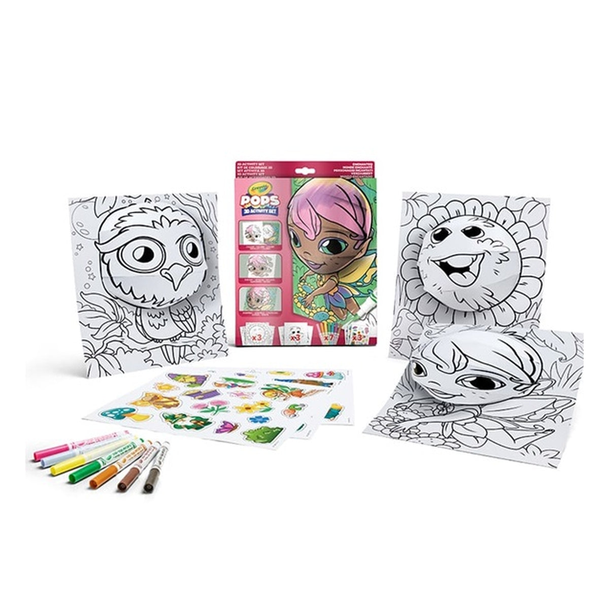 set attività pops personaggi incantati - 3 disegni 3d, 7 pennarelli, 3 fogli adesivi
