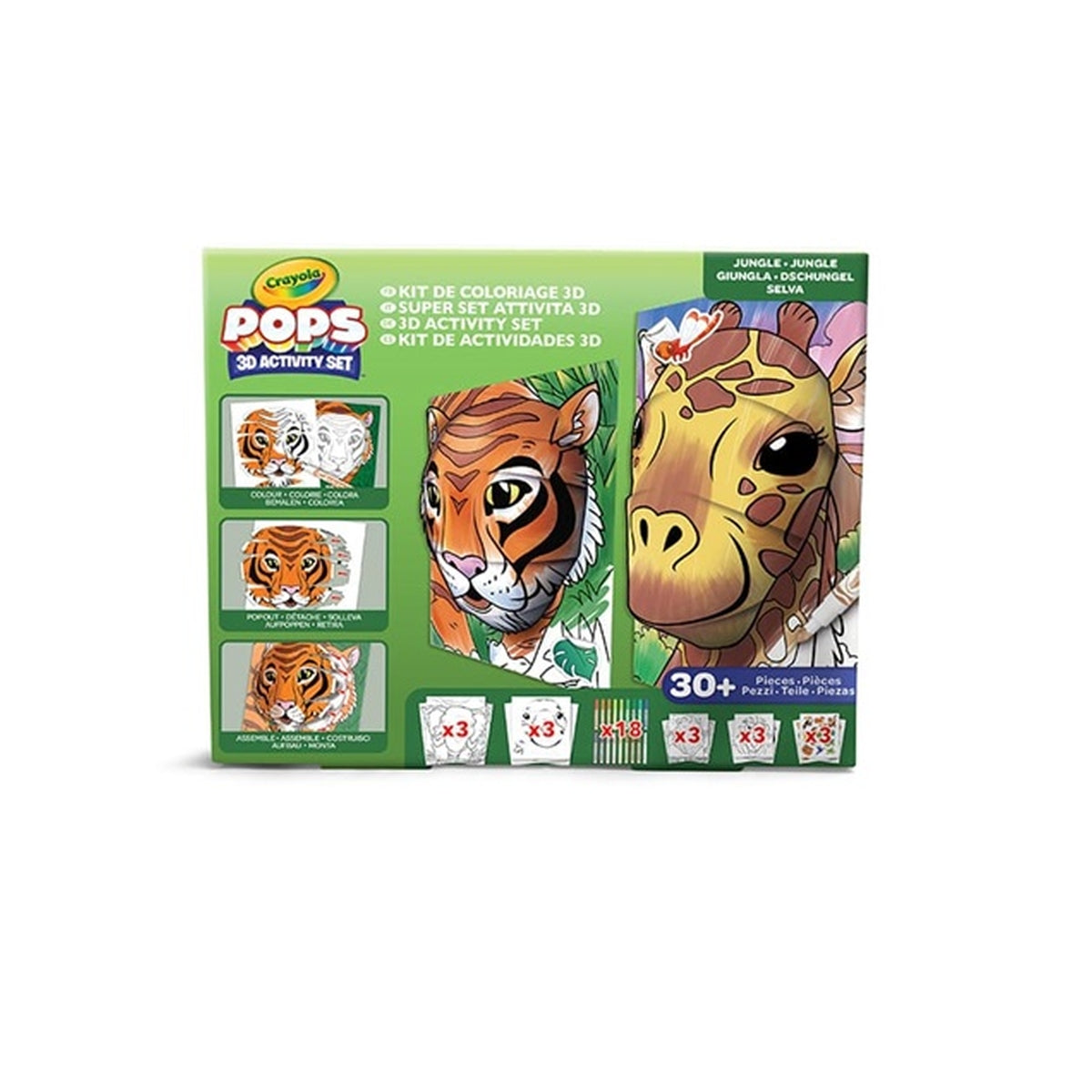 super set pops giungla - 6 disegni 3d, 18 pennarelli, 3 fogli adesivi