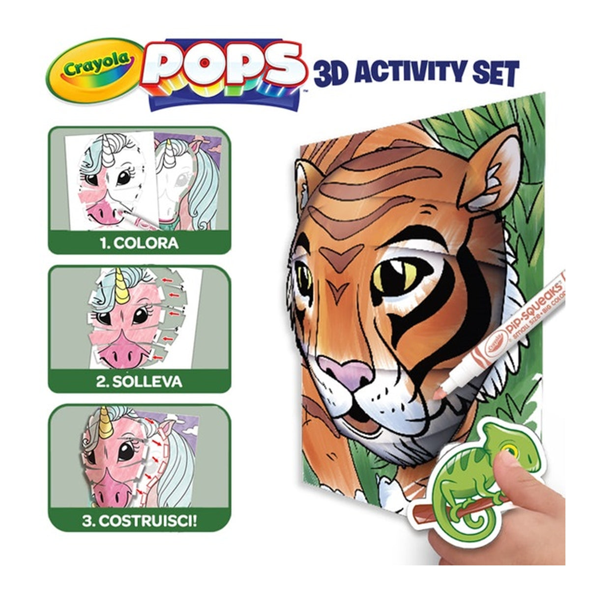 super set pops giungla - 6 disegni 3d, 18 pennarelli, 3 fogli adesivi