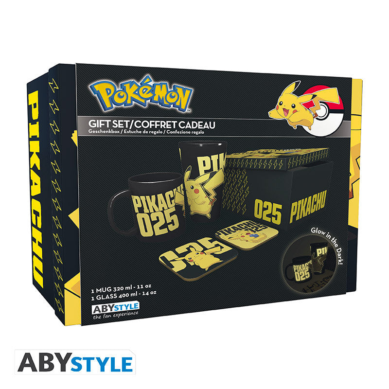 pokémon - confezione bicchiere xxl + tazza + 2 sottobicchieri che si illuminano al buio