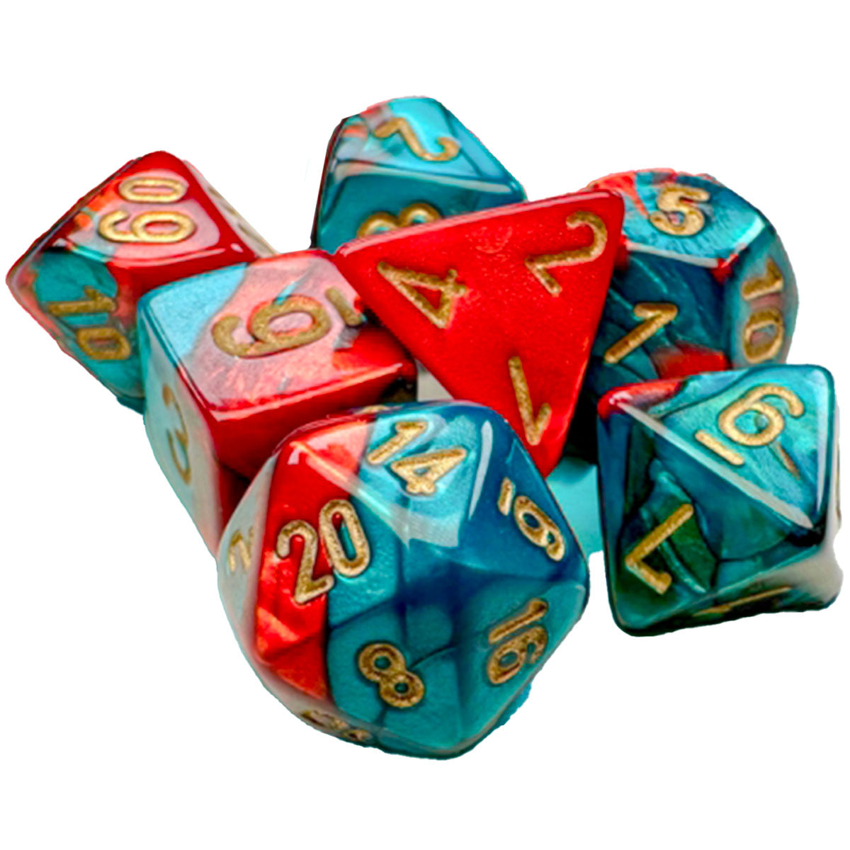 mini gemini red-teal/gold - set di 7 dadi poliedrici