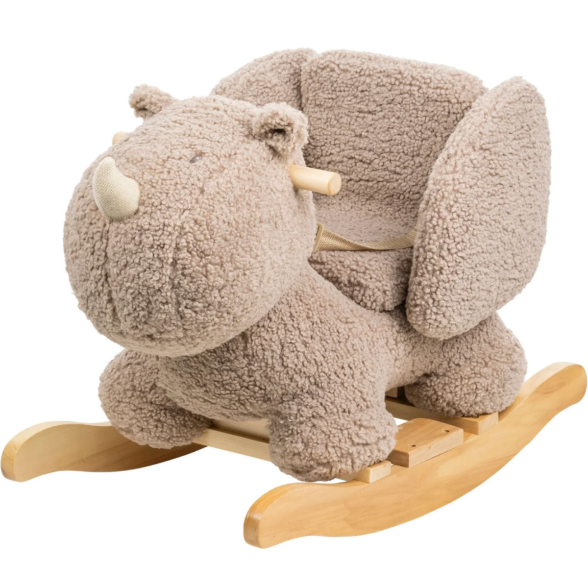 dondolo rinoceronte taupe in legno e peluche - 60x30x45cm