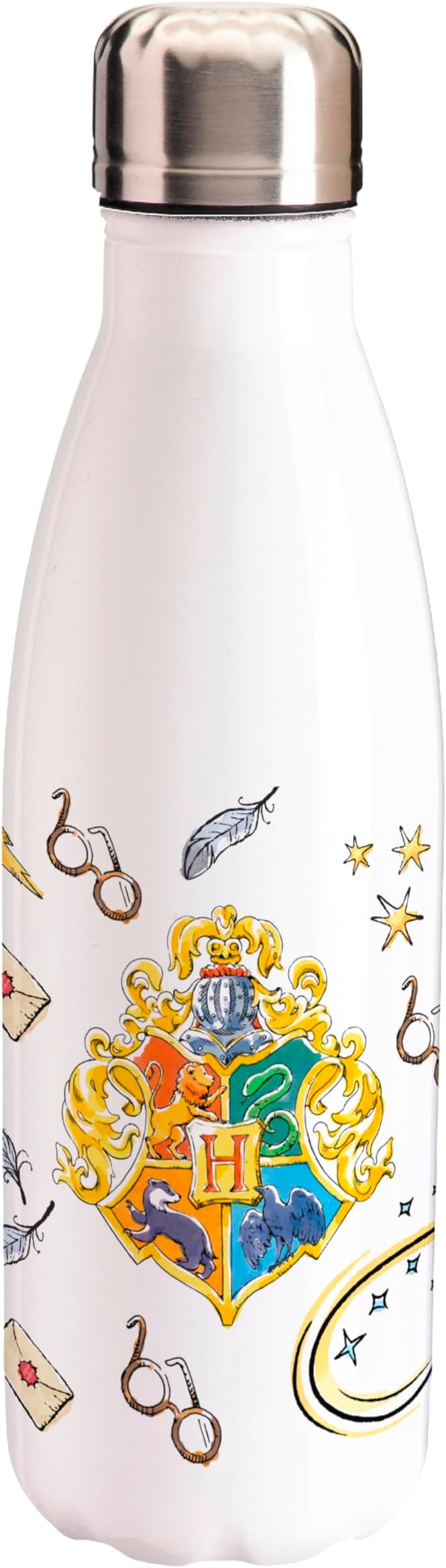 harry potter - borraccia in acciaio 500ml - simboli di hogwarts bianca