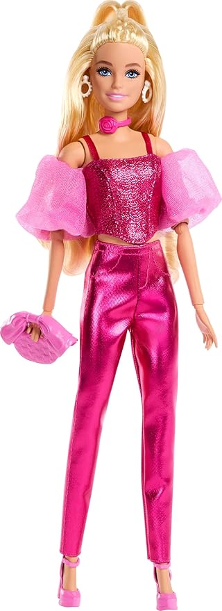 barbie fashionista deluxe metallic bionda con vestito rosa