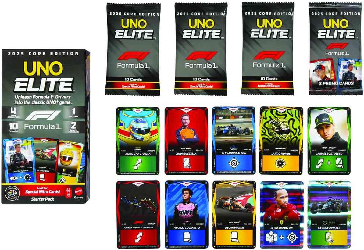 uno - elite formula 1 - 112 carte, 4 booster pack e 2 carte promo