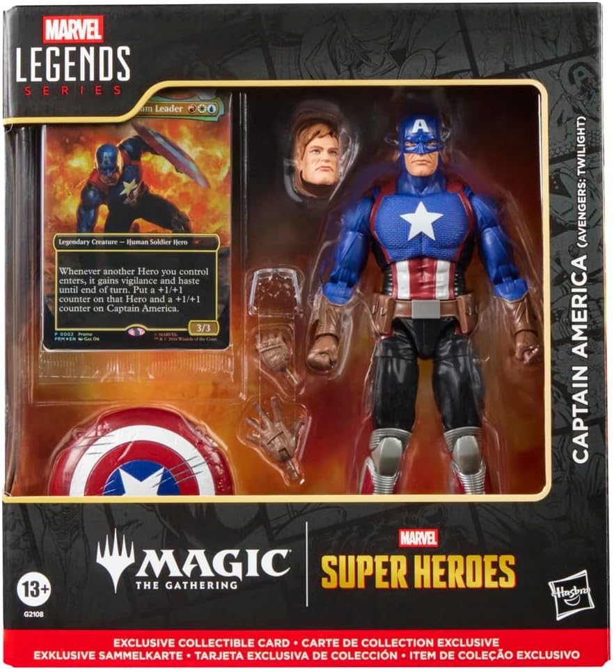 marvel legend series - captain america - personaggio snodabile con carta magic
