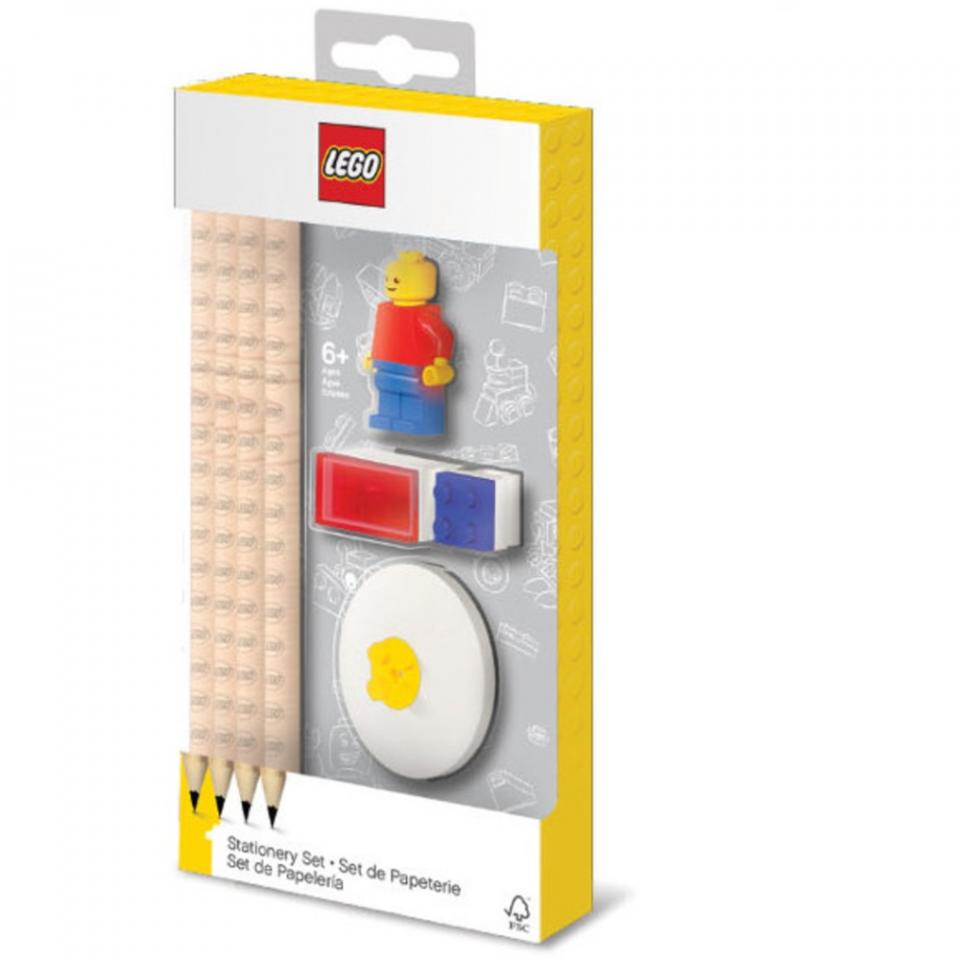 Cancelleria stationery set 4 matite 1 toppers 1 temperamatite 1 gomma e 1 minifigure