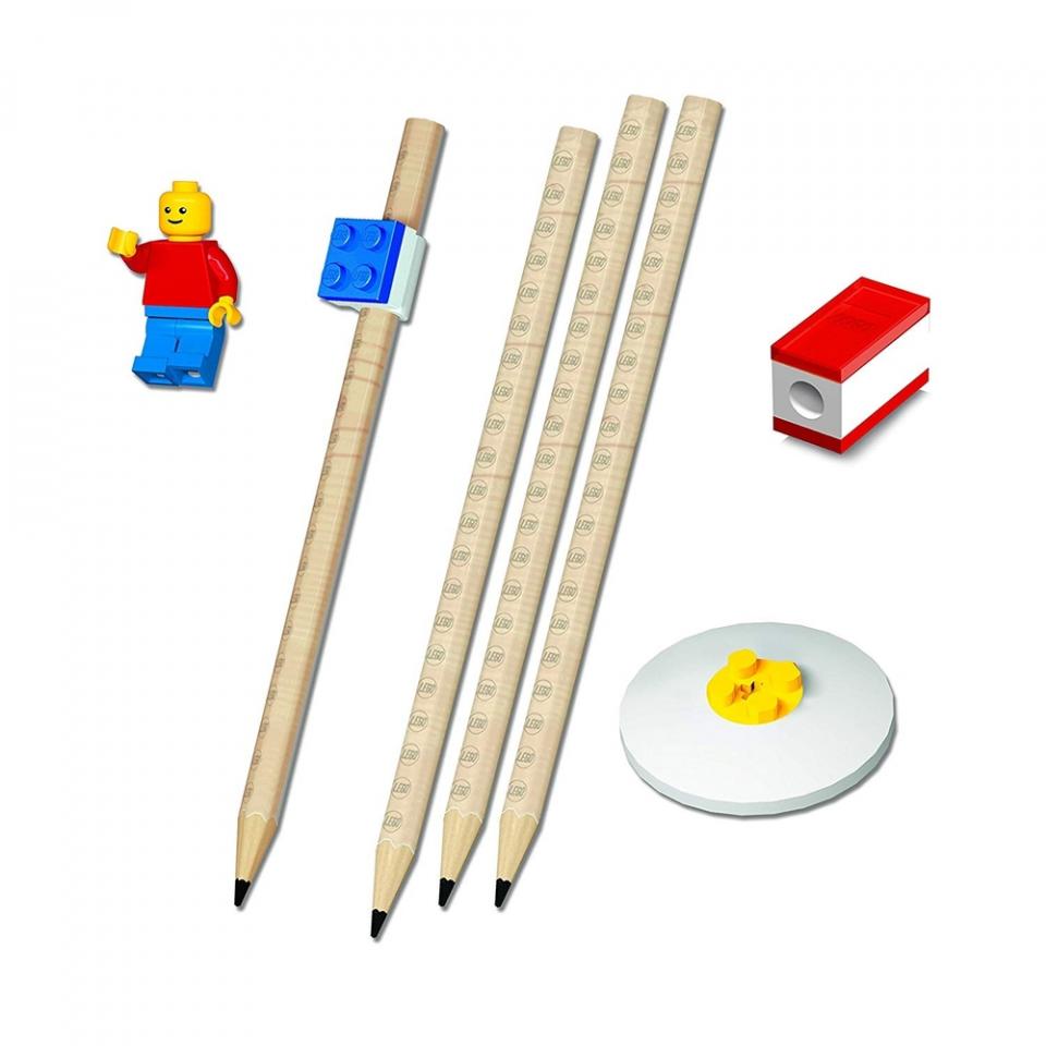 Cancelleria stationery set 4 matite 1 toppers 1 temperamatite 1 gomma e 1 minifigure